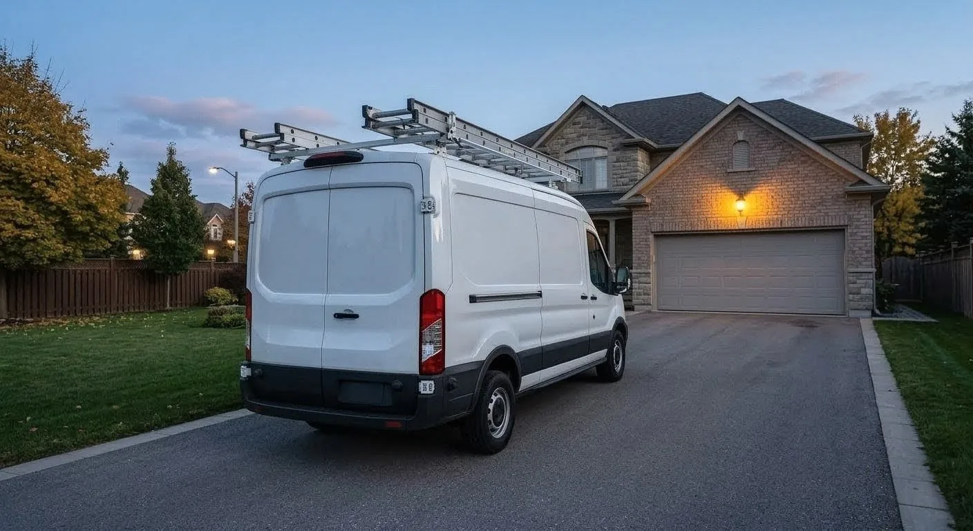 Plumbing service van parked outside a residential home at dusk after a completed job